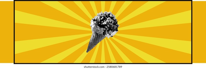 ice cream cone crispy waffle vibrant concept poster template design yellow grunge background halftone dot pattern collage elements for summer food frozen treat dessert menu marketing
