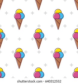 Ice Cream Cone and Crosses Cartoon Outline Style Vector Seamless Pattern