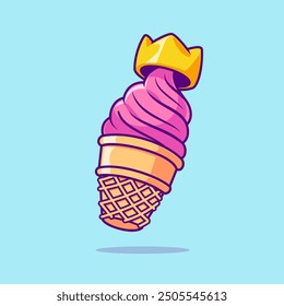 Ice Cream Cone With Crown Cartoon Vector Icon Illustration. Food Object Icon Concept Isolated Premium Vector. Flat Cartoon Style