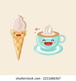 Ice cream in a cone and a cup of coffee. Vector icon cute illustration. Sticker kawaii cartoon logos. Food  concept.  Flat cartoon style suitable for web landing page, banner, sticker, background. 