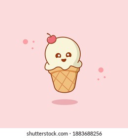 Ice Cream With Cone Cup. Cute Cartoon Style Illustration. Suitable For Product Design.