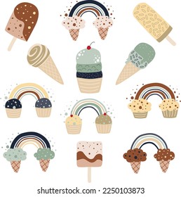 Ice cream cone, cup, rainbow, popsicle. Childrens style ice cream clip art