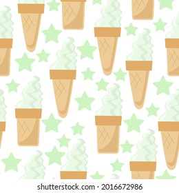 Ice cream cone and cup seamless pattern, cold dessert and delicate stars on a white background vector illustration