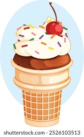 Ice Cream Cone Cupcake with Frosting, Colorful Sprinkles and Cherry on Top 