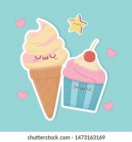 ice cream cone and cupcake kawaii characters