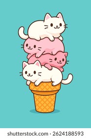Ice cream cone with cute kittens . Creative vector illustration for poster, banner, card, menu