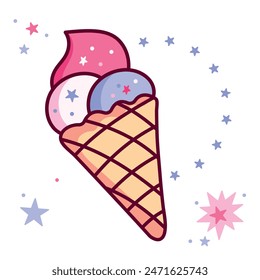 Eistüte süße Vektorillustration, Kugeln in Waffeltüte, Soft Serve-Eisbecher. Vektorgrafik Elemente für minimales Sommerdesign, süße Snack-Illustration