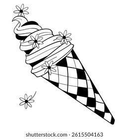 ice cream cone with daisy flower black and white vector illustration