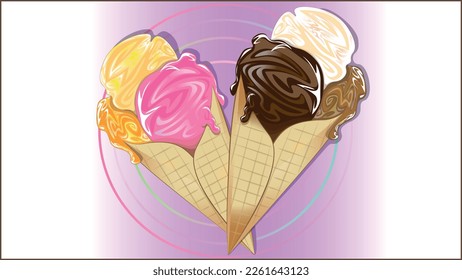 Ice cream cone. Delicious ice cream cone flavours of strawberry, caramel, orange, chocolate, pudding and vanilla.