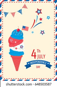 Ice cream cone design for Happy Independence day United states of America, 4th July on retro style background.