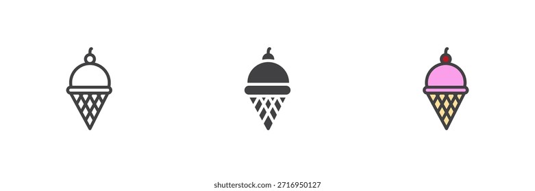 Conjunto de iconos de estilo diferente de postre de cono de helado. Icono colorido de línea, contorno sólido y relleno, signo y símbolo de Vector. Dulce icono de helado de verano.