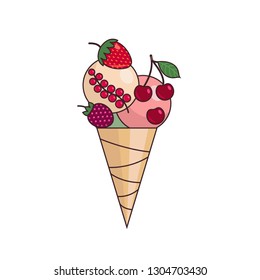 Ice cream cone with different berries. Isolated on white. Colorful vector illustration EPS10