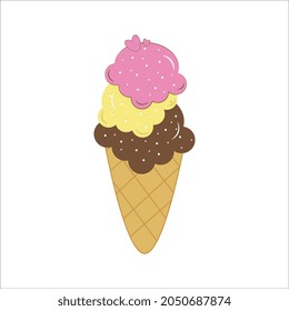 Ice cream in cone. Different ice creams flavour isolated on white background