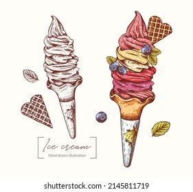Ice cream cone in different flavors with waffles in a waffle cup. Vector hand drawn ice cream in engraving style. Summer dessert illustration for card, package, menu, restaurants, textile
