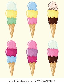 ice cream in a cone in different flavors