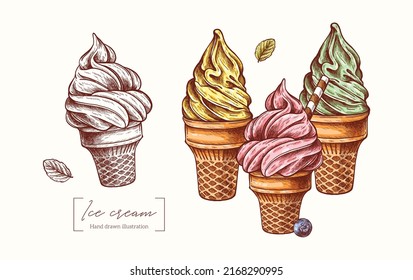 Ice cream cone in different flavors with mint. Soft ice cream. Vector hand drawn ice cream in engraving style. Summer dessert illustration for card, package, menu, restaurants, textile