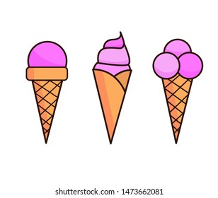 Ice cream cone different types. Isolated object stock vector illustration.