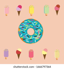 ice cream cone and donut set isolates with glaze on pink background. Topped with colored sprinkles. Collection of tasty donuts for dessert, sweet, web design or print. Vector Illustration.