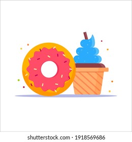 Ice cream cone and donuts vector illustration. Donut icon. Ice cream cone icon