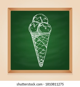ice cream cone with doodle or hand drawn style on green chalkboard background