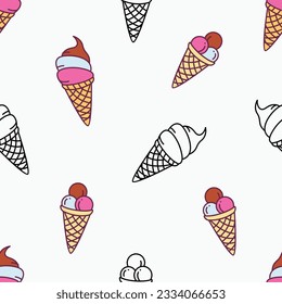 Ice cream cone doodle hand drawn seamless pattern vector illustration