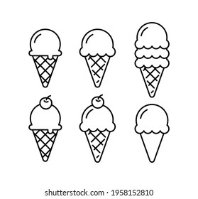 Ice cream cone doodle set. Waffle cone outline isolated.
