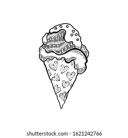 Ice cream cone doodle sketch icon. Sweet dessert engraved symbol. Valentine's vintage line vector illustration isolated on white background, ice crem food drawing for logo, retro sticker