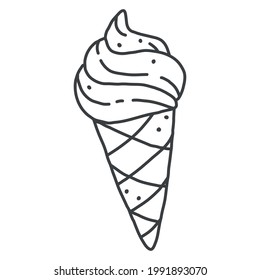 Ice cream cone in doodle style. Vector black and white hand drawn illustration.