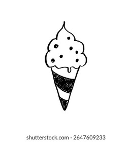 Ice Cream Cone Doodle Vector – Hand-Drawn Summer Dessert Sketch in Black and White