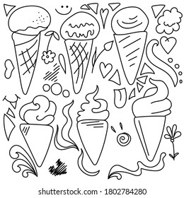 Ice cream cone doodles with waffle structure, decorative elements in the shape of a heart, curls, triangles and waves, vector outline illustration for design and creativity