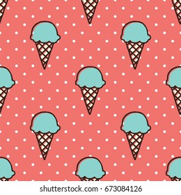 Ice Cream Cone and Dots Hand Drawn Cartoon Outline Style Vector Seamless Pattern