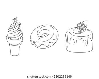 Ice cream cone, doughnut, cake with strawberry vector line continuous drawing illustration. Hand drawn linear dessert icon set. Minimal design element, banner, card, poster, brochure, logo, symbol.