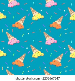 Ice cream cone drop upside down.on green background.pattern seamless vector illustration.

