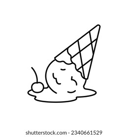 Ice cream cone drop upside down. Line icon of fallen ice cream. Modern minimalist illustration, editable stroke