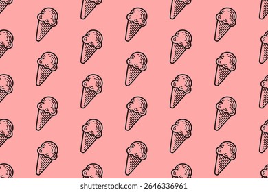 ice cream cone engraving pattern on pink background. doodle dessert seamless pattern background. cute summer sweets snack line art motif wallpaper design for kids product and merchandise