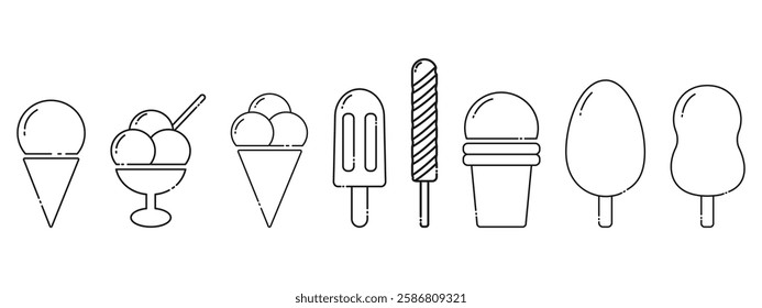 Ice cream cone, Eskimo and beads in bowl Linear icons Pictogram Logo minimalist design concept Set 8