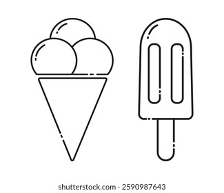 Ice cream cone and Eskimo on stick Outline linear icons World Ice Cream Day Pictogram design concept