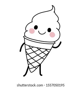 Ice cream cone with face, arms and legs. Cute kawaii cartoon dessert. Doodle character on white background. Vector line illustration for kids design, colorings.