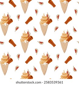 Ice cream cone with figs and cinnamon wallpaper. Summer seamless pattern with tasty cold dessert. Repeat texture for textile or wrapping paper.