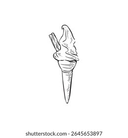 Sorvete em cone com um floco. Ilustração desenhada à mão em preto e branco