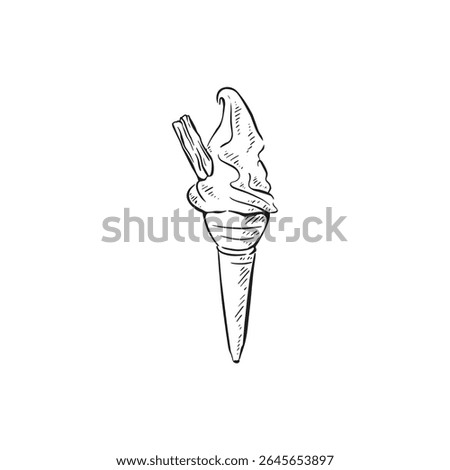 Ice cream in cone with a flake. Black and white hand drawn illustration