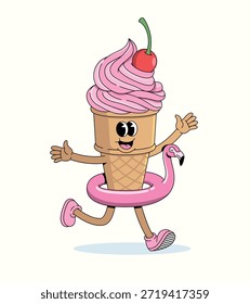 Cono de helado Flamingo Float Groovy ilustración de dibujos animados