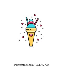 Ice cream in a cone flat color line icon on isolated background. Cold dessert vector illustration decorated with hearts - concept for Valentine's Day sticker, special menu, invitation cards.
