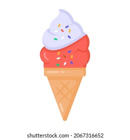 Un icono plano de cono de helado, un delicioso postre