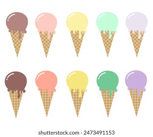 Ice cream cone flat style collection. Simple retro ice cream dessert illustrations.