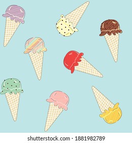 Ice cream cone flavors Seamless Vector Pattern