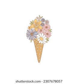 Ice cream cone with floral bouquet vector illustration. Flower Power aesthetic design element for planner, sticker, scrapbook, poster, card , pattern, tee shirt