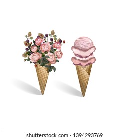 An ice cream cone with flowers roses, raspberry, pink piones. summer greeting card. waffle cone with flowers. blackberry. Ice cream shop. Vector.