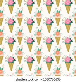 Ice cream cone with flowers seamless pattern