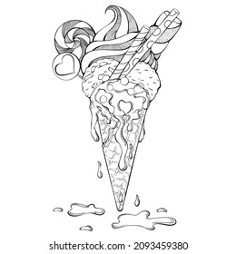 Ice cream cone with flowing chocolate, marshmallows, lollipops. Vector hand drawn illustration in line art style. Illustration for coloring book page. Summer food for gift card, icon, logo, sticker